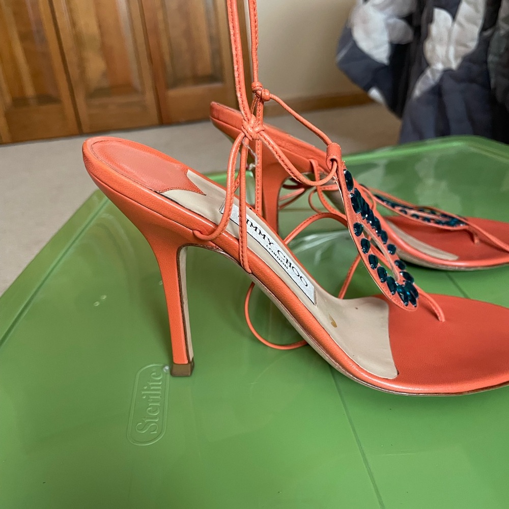 Jimmy Choo Orange Heels with Teal Accents - Picture 2 of 4